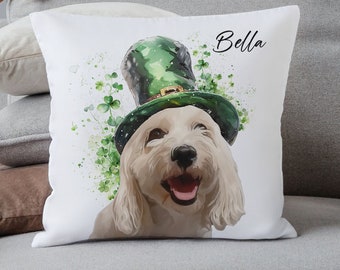 Personalised St Patricks Day Pillow - Custom Pet Portrait with St Pats Hat, from Your Photo - Unique Pet Lover Gift for Animal Lovers