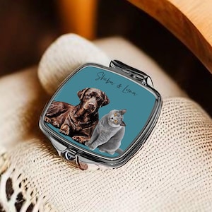 Espelho compacto com retrato personalizado para animais de estimação | Retrato personalizado para cães | Presentes para amantes de cães e para quem perdeu um animal de estimação | 3 formatos/tamanhos disponíveis