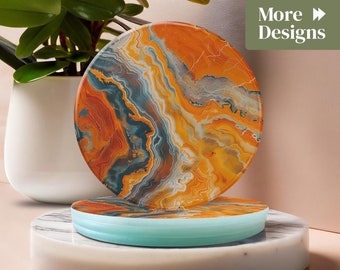Orange Marble Glass Coasters | Unique Marble Paintings | Coffee Table Coaster Set | Personalised for you |  Marble Design Coaster