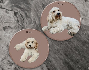 Custom Pup & Adult Coasters | Personalised Pet Portrait Glass Placemats | Dog memorial and Pet Loss gift | Now and Then illustration