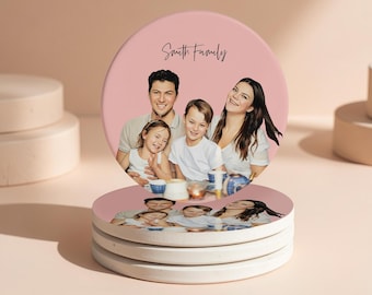 Custom Family Portrait Ceramic Coasters -  Personalized Coasters Set