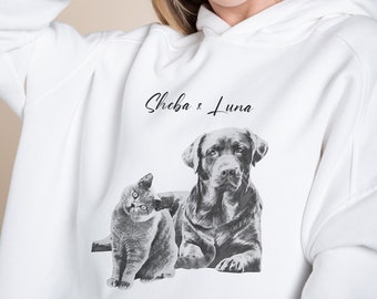 Personalised Pet Sketch Hoodie - Custom Pet Portrait Sweatshirt - Your own Pet's Photo Transformed into Apparel - Adult Sizes XS to XXL