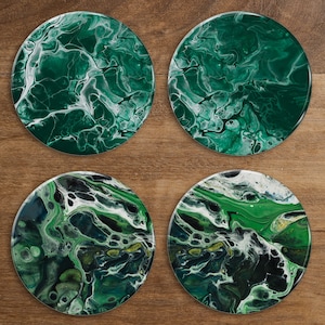 Green Marble Glass Coasters | Unique Marble Paintings | Coffee Table Coaster Set | Personalised for you | Marble Coaster | Birthday Gift