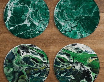 Green Marble Glass Coasters | Unique Marble Paintings | Coffee Table Coaster Set | Personalised for you | Marble Coaster | Birthday Gift