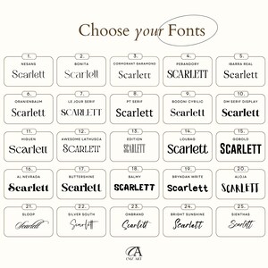 May include: A graphic showcasing 25 font options, each displaying the word "Scarlett" in a different style. The fonts are arranged in a grid, with each sample enclosed in a rectangular frame. The text "Choose your Fonts" is at the top.