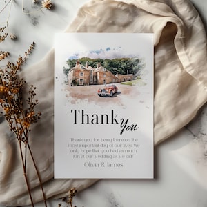 Maßgeschneiderte Danksagungskarten | Venue illustration - Aquarell & Linienskizze | Minimale Danksagungskarte Hochzeit | Schlichte Dankeskarte für die Hochzeit