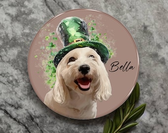 Personalised St Patricks Day Glass Coaster - Custom Pet Portrait with St Pats Hat, from Your Photo - Unique Pet Lover Gift for Animal Lovers