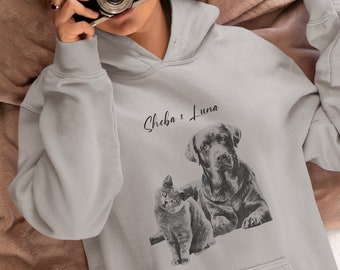 Personalised Pet Vector Grey Hoodie - Custom Pet Portrait Sweatshirt - Your own Pet's Photo Transformed into Apparel - Adult Sizes XS to XXL