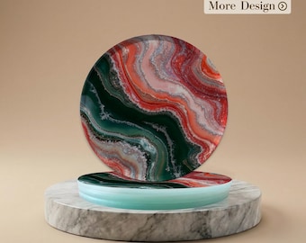 Red Green Marble Glass Coasters | Personalised Marble Art Coaster Set