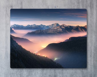 Night Lights in Dolomites Italy, Landscape Digital Print - Large Metal Poster - Wall Hanging Recycled Aluminium Art