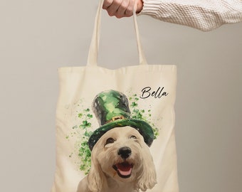 Custom St Patricks Day Pet Tote Bag - Custom Pet Portrait with St Pats Hat, from Your Photo - Unique Pet Lover Gift for Animal Lovers