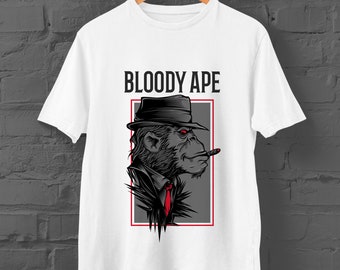 Bloody Ape Graphic T-Shirt | Custom Black Ape Tee | White Unisex Shirt | Slim-fit, crew neck | Sizes: Kids Ages 1 - 12, Adult XS - 3XL