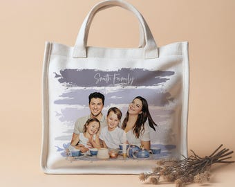 Custom Family Portrait Jute Tote Bag - Personalised Shopping Bag