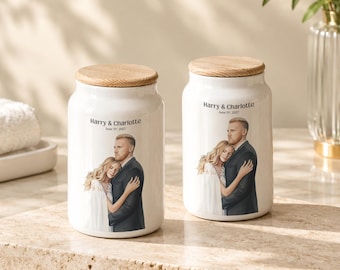 Personalized Wedding Couple Illustration on Ceramic Jars (Set of 2) - Wedding or Anniversary Gift