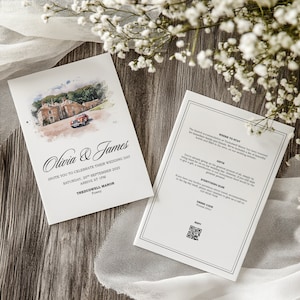 Maßgeschneiderte Hochzeitseinladungskarten | Venue illustration - Aquarell & Linienskizze | Minimalistische Hochzeitseinladung | Schlichte Hochzeitseinladung