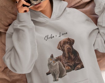 Personalised Pet Vector Grey Hoodie - Custom Pet Portrait Sweatshirt - Your own Pet's Photo Transformed into Apparel - Adult Sizes XS to XXL