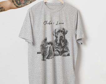 Personalised Pet Sketch Grey T-Shirt - Custom Pet Portrait Tee - Your own Pet&#39;s Photo Transformed into Apparel - Adult Sizes XS to XXL