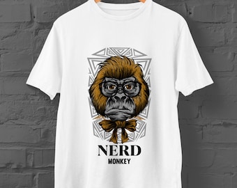 Nerd Monkey All Graphic T-Shirt | Custom Monkey Tee | White Unisex Shirt | Slim-fit, crew neck | Sizes: Kids Ages 1 - 12, Adult XS - 3XL
