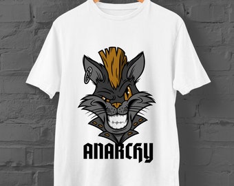 Anarchist black cat Graphic T-Shirt | Custom Cat Tee | White Unisex Shirt | Slim-fit, crew neck | Sizes: Kids Ages 1 - 12, Adult XS - 3XL