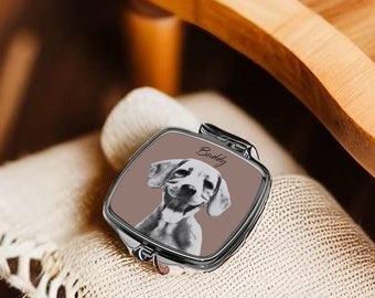 Personalised Pet Portrait Compact Mirror - Custom Sketch from Pet Photo - Unique Pet Lover Gift, available in Square, Heart & Oval