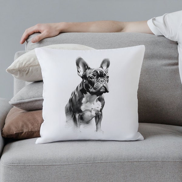 Oreiller de croquis au charbon de bois français Builldog | Croquis d'animal de compagnie au fusain | Cadeau commémoratif pour animal de compagnie | Cadeaux pour les amoureux des chiens et des animaux de compagnie | Portrait d'animal de compagnie