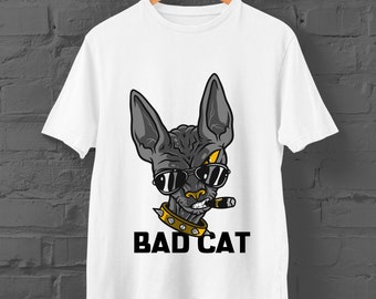 Bad Cat Graphic T-Shirt | Custom Black Sphynx Cat Tee | White Unisex Shirt | Slim-fit, crew neck | Sizes: Kids Ages 1 - 12, Adult XS - 3XL