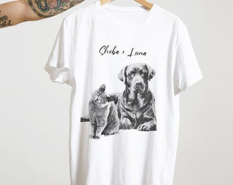 Personalised Pet Sketch T-Shirt - Custom Pet Portrait Tee - Your own Pet's Photo Transformed into Apparel - Adult Sizes XS to 3XL