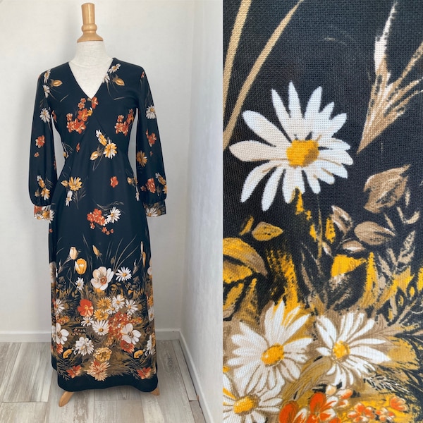 Robe à Fleurs Maxi Vintage 70s - Longueur Robe de Prairie Seventies Imprimé Marguerite Jaune Orange - Bohème Hippie Chic  - Taille: 38-40/M.