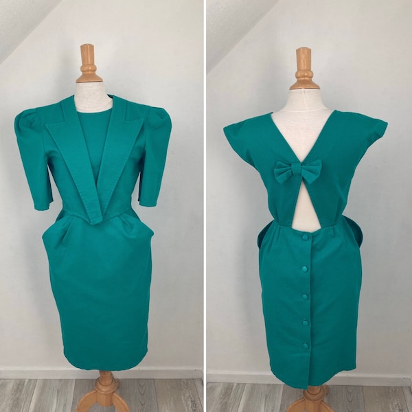 Ensemble Robe Dos Nu et Veste Boléro Vert Véronèse Vintage des années 80s inspiration 40s Inspiration YSL - Taille : 36/38.