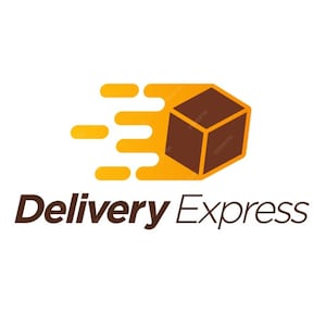 Peut inclure: Un logo pour un service de livraison. Le logo représente un carton brun avec une traînée jaune derrière, symbolisant la vitesse. Le texte "Delivery Express" est sous le carton.