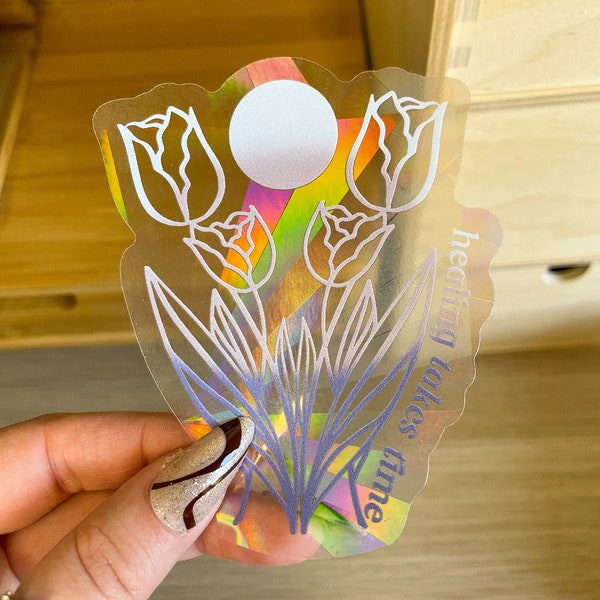 NEW! Healing takes time suncatcher sticker, tulip sticker, rainbow maker decals, floral sticker, quote sticker, positive quotes