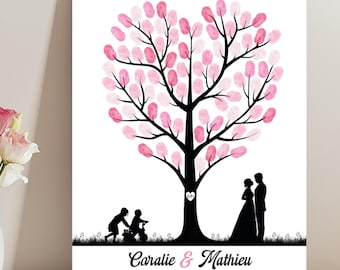 Fingerprint tree: heart-shaped tree silhouette with bride and groom and characters to personalize - chic country wedding guest book