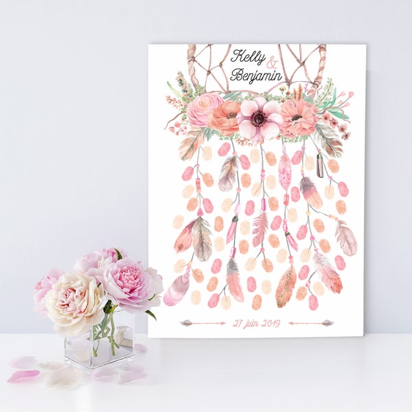 "Dreamcatcher" footprint tree: peach and pink dream catcher with flower crown, watercolor feathers - boho wedding