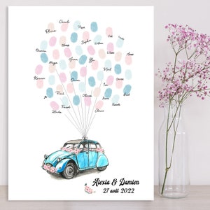 Peut inclure: Une illustration aquarelle bleue et blanche d'une voiture avec une chaîne de ballons attachés au sommet. Les ballons sont décorés d'empreintes digitales et de noms. Le texte "Alexia & Damien 27 août 2022" est en bas de l'image.
