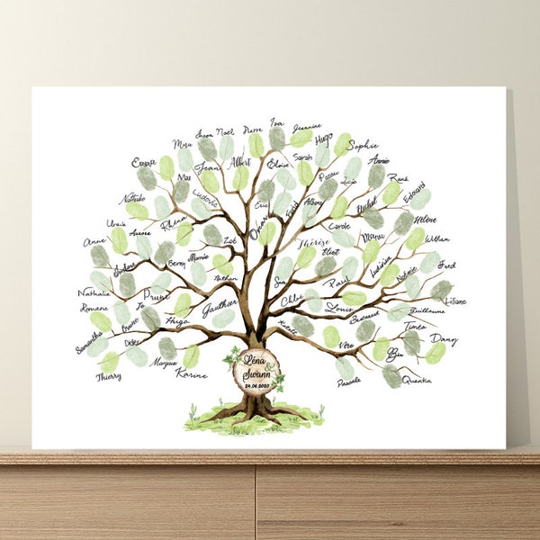 Arbre à empreintes mariage champêtre : arbre en aquarelle, rondin de bois et feuillage