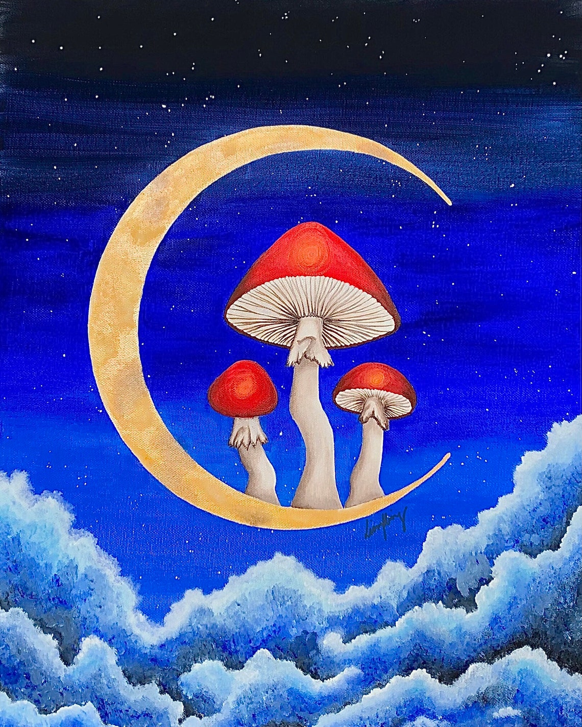 Lunar Mushrooms Art Print Wall Decor Moon Night Sky Etsy