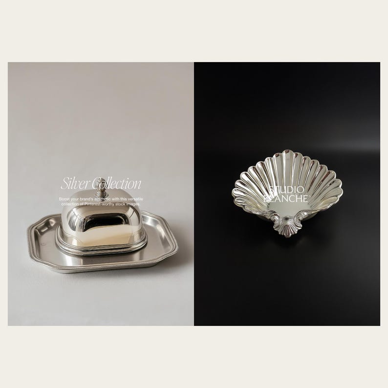 May include: Two silver serving pieces. A silver cloche with a domed lid sits on a silver tray. A silver shell-shaped dish with a fluted edge.