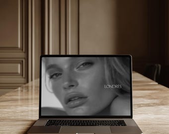 MacBook-mockup, varumärkesmodell för sociala medier, Apple-enhetsmodell, modern MacBook-mockup, estetisk stol med minimalistisk skärmmodell