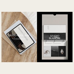 May include: A digital tablet displaying a document titled BRAND GUIDELINES and a physical binder containing a document titled STUDIO BLANCHE. The binder pages feature black and white photography of seashells and ocean waves on a white background.