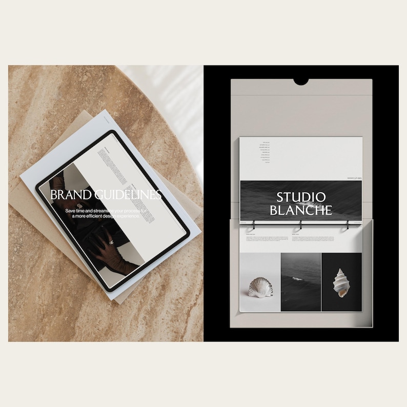 May include: A digital tablet displaying a document titled BRAND GUIDELINES and a physical binder containing a document titled STUDIO BLANCHE. The binder pages feature black and white photography of seashells and ocean waves on a white background.