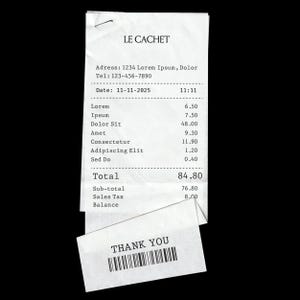 Puede incluir: Un recibo de papel blanco de Le Cachet que muestra una lista de artículos con precios, un total de 84,80 y una sección inferior que dice THANK YOU sobre un código de barras. El recibo incluye texto de relleno como Lorem, Ipsum y Dolor Sit.