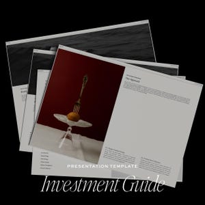 May include: A presentation template for an investment guide with a red background and a photo of a fork with a lemon wedge on a white plate. The text "PRESENTATION TEMPLATE" and "Investment Guide" are visible.