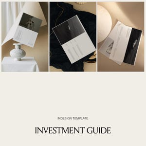 May include: A digital Indesign template for an investment guide featuring a collection of printed pages with black and white photography and text layouts. The document displays various page compositions, including imagery of a vase and abstract scenes.