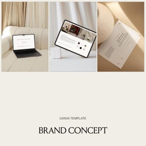 May include: A Canva template brand concept display featuring a laptop on a cream sofa, a tablet showing a digital design layout with colour swatches, and a printed document with text. The text CANVA TEMPLATE BRAND CONCEPT is at the bottom.