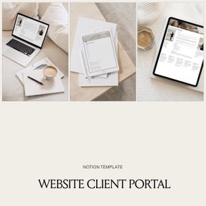 May include: A digital Notion template for a website client portal displayed on a laptop, a tablet with a stylus, and a tablet screen showing project phases, task lists, and client communication sections with a clean, organised layout.
