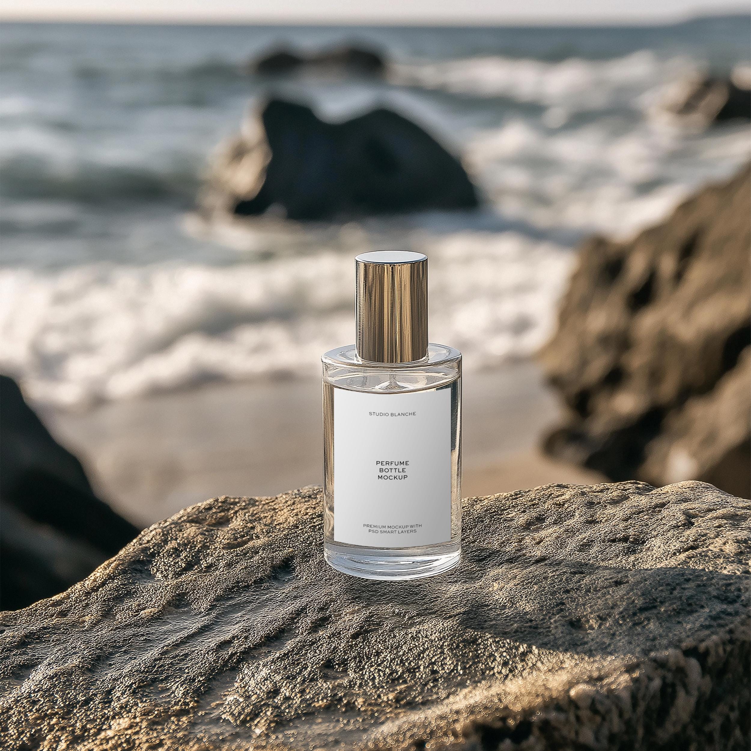 Glass Perfume Bottle Mockup: Skincare Branding PSD With Deboss