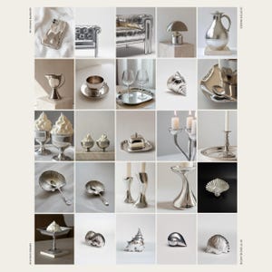 May include: A collection of silver-plated home decor items, including a pitcher, candlesticks, a butter dish, a shell, a small cup, a wine glass, a sofa, a lamp, and a phone. The items are arranged in a grid pattern on a white background.