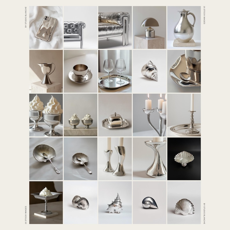 May include: A collection of silver-plated home decor items, including a pitcher, candlesticks, a butter dish, a shell, a small cup, a wine glass, a sofa, a lamp, and a phone. The items are arranged in a grid pattern on a white background.