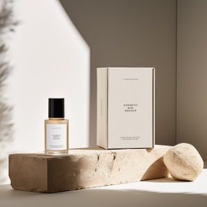 Mockup de frasco e caixa de cosméticos, Mockup de marca de cuidados com a pele, Mockup de frasco de vidro, Mockup de embalagem de produto de beleza, Mockup de rótulo de embalagem PSD