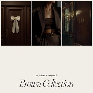 May include: A collection of three images with a brown theme. One image shows a dark brown door with a cream-colored bow. Another shows a person in a brown suit. The third image shows a dark brown door with the number 111.